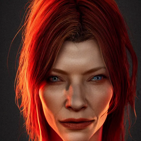 Image similar to a centered symmetrical portrait of cate blanchett as a demon, hyper detailed, facial texture, cinematic light, octane render, artstation