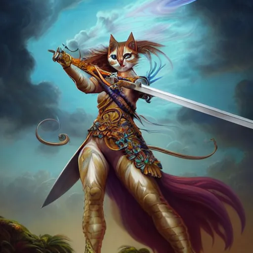 Image similar to anthropomorphic calico cat warrior wielding a sword, highly detailed matte fantasy painting, stormy lighting, by ross tran, by artgerm, by lisa frank, by brom, by peter mohrbacher