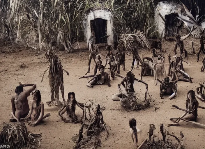 Prompt: sensual scene from art house film by alejandro jodorowsky, roger ballen, surreal dance scene of ritual in a picturesque outdoors setting, ashes, new guinea mud man, costumes, snakes, smoke, close - up of the actors'faces, sharp, medium format 6 x 6, 1 6 k