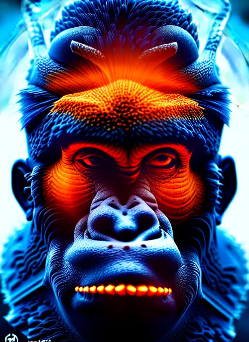 Prompt: 3 d ape shaman profile portrait, sigma 5 0 0 mm f / 5. beautiful intricate highly detailed. bioluminescent, plasma, lava, ice, water, wind, creature, thunderstorm! artwork by tooth wu and wlop and beeple and greg rutkowski, 8 k trending on artstation,