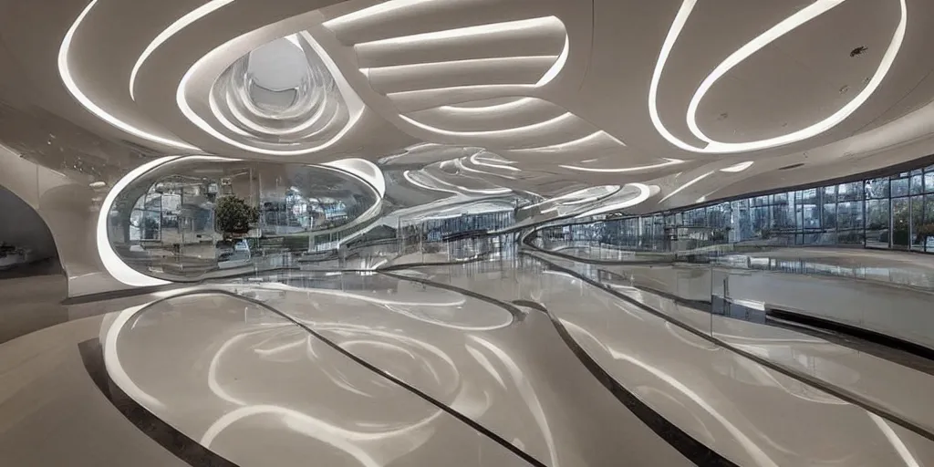 Image similar to extremely detailed stunning beautiful futuristic smooth curvilinear museum lobby interior