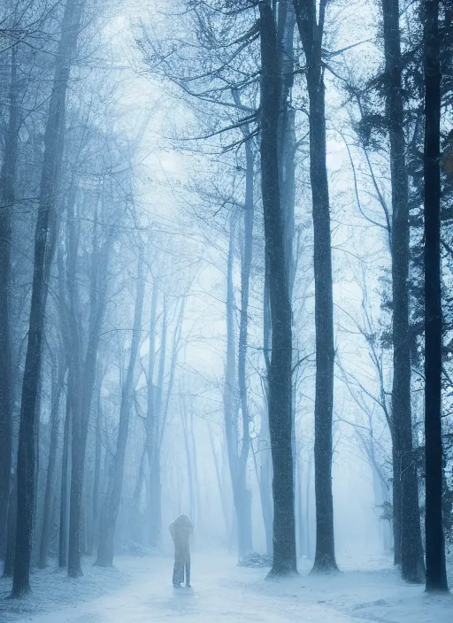 Image similar to a 3 5 mm photo from the back of a senior citizen walking in the misty snowy woods, splash art, movie still, bokeh, canon 5 0 mm, cinematic lighting, dramatic, film, photography, cold blue light, depth of field, award - winning, anamorphic lens flare, 8 k, hyper detailed, 3 5 mm film grain