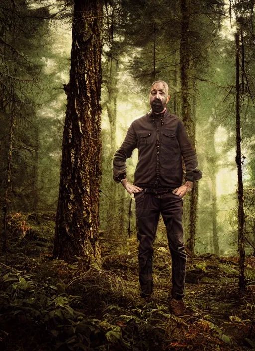 Prompt: portrait of a rugged man standing in a forest, highly detailed, cinematic lighting, close up, volumetric, realistic, photograph by elliott & fry