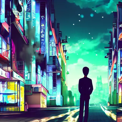 Prompt: a night view of an anime city and a man standing on the road , vapourwave , 4k , raining , digital art