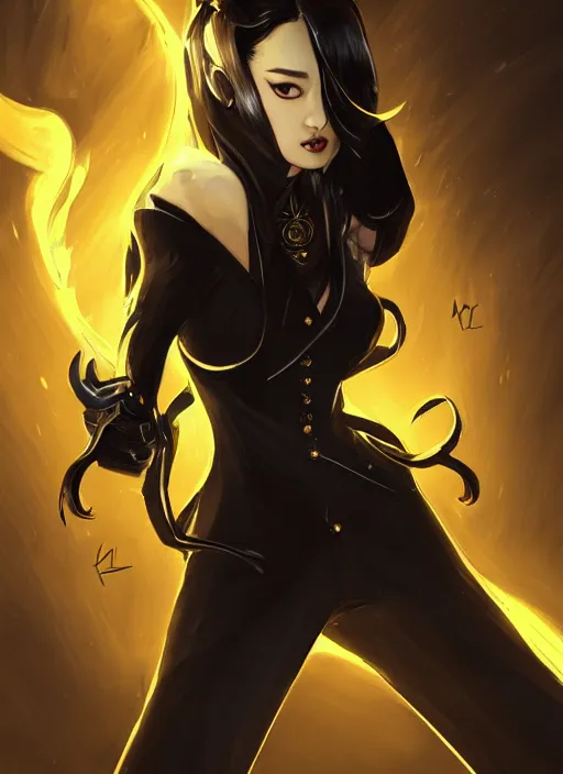 Prompt: a highly detailed illustration of meisa kuroki wearing black suit and tie with coattails, yellow eyes, dramatic elegant pose, strings background, intricate, elegant, highly detailed, centered, digital painting, artstation, concept art, smooth, sharp focus, league of legends concept art, wlop.