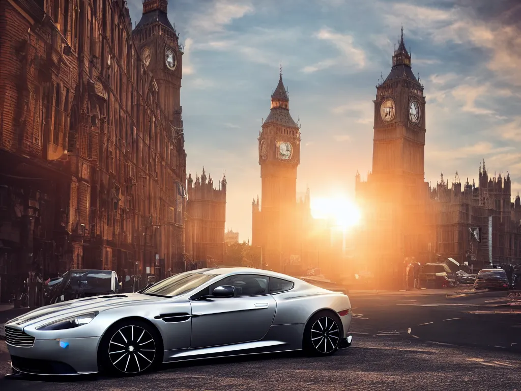 Prompt: modern dyanmic aston martin car parked in london street, low view looking up, small angle, beautiful sunset, unreal engine