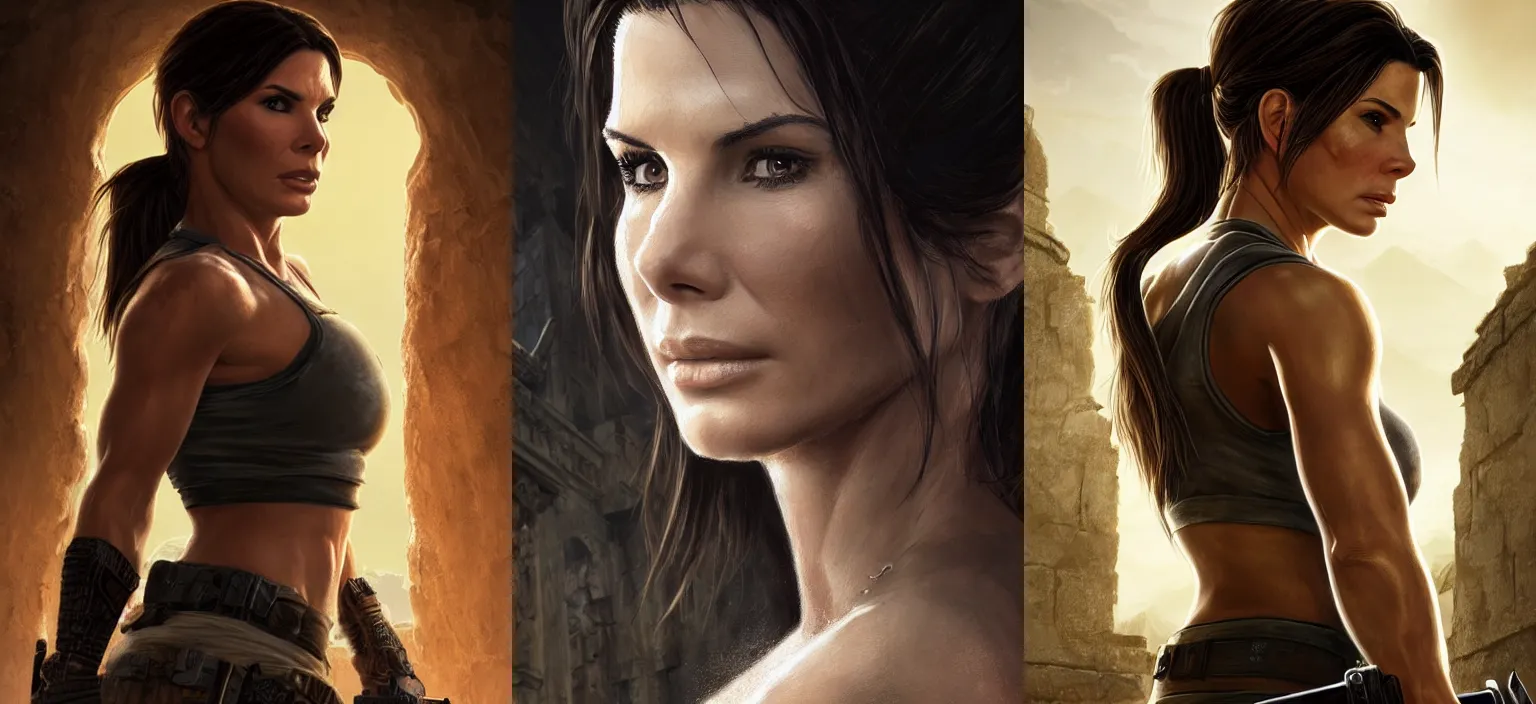 Prompt: face portrait of concentrated young Sandra Bullock as muscled Lara Croft stepping out epic ancient ruins directly looking into the camera, sun beams, intricate, elegant, highly detailed, centered, crispy sharp digital painting, artstation, concept art, smooth, sharp focus, illustration, Allan Lee, John Howe