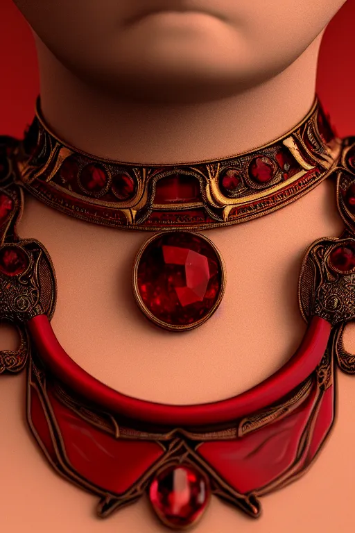 Prompt: historical, art nouveau, deep red gemstone choker, glowing inside, octane render, realistic, dramatic light, 3 d, photograph 4 k,