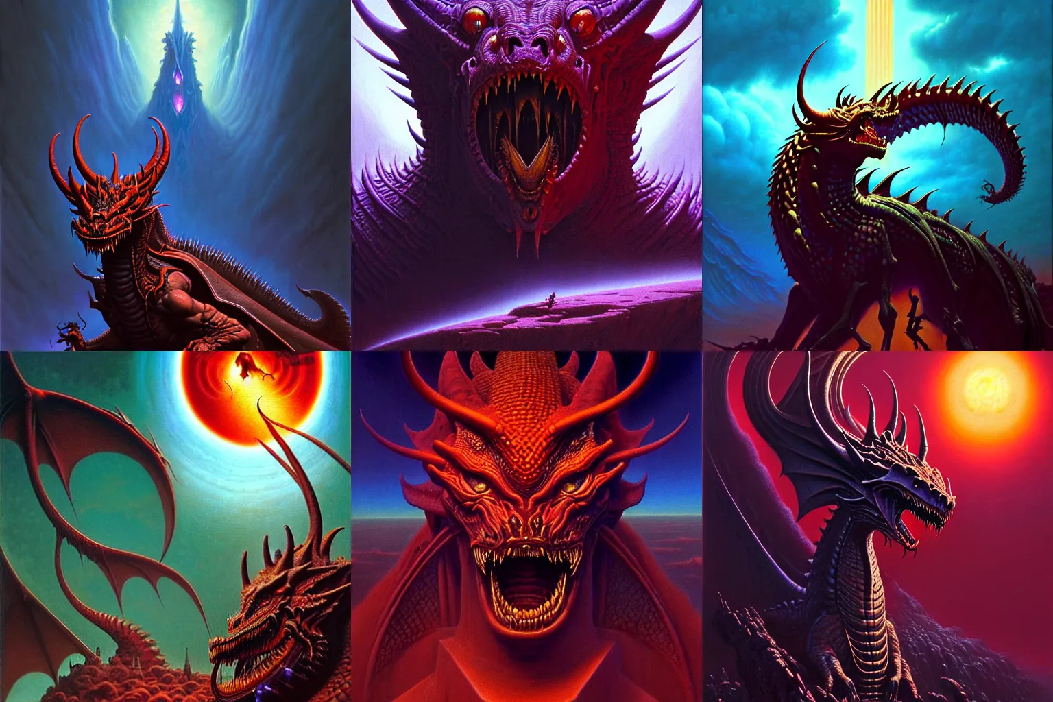 Prompt: Cinematic closeup portrait of gothic daemon dragon god, by Tim Hildebrandt, by Wayne Barlowe, by Bruce Pennington, by Zdzisław Beksiński, by Paul Lehr, oil on canvas, masterpiece, trending on artstation, featured on pixiv, cinematic composition, astrophotography, dramatic pose, beautiful lighting, sharp, details, details, details, hyper-detailed, no frames, HD, HDR, 4K, 8K