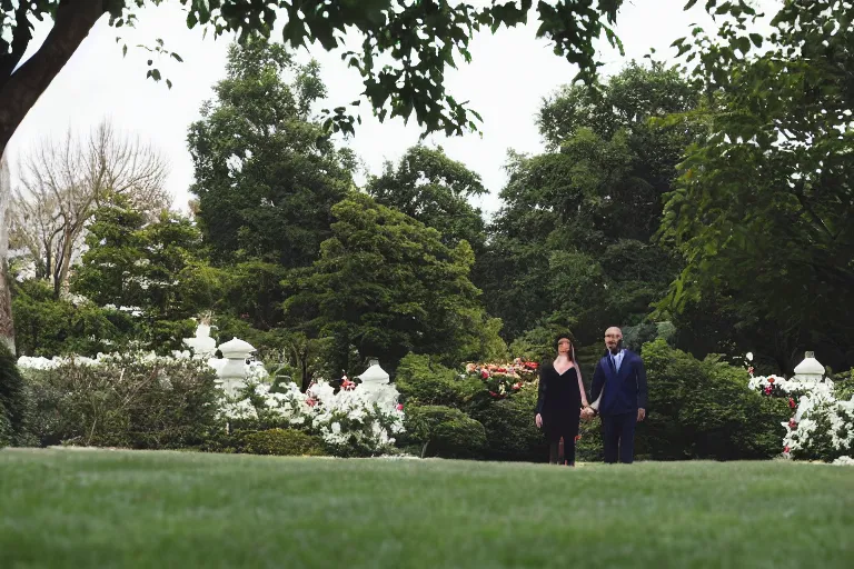 Image similar to beautiful 3 5 year old female president wearing suit alone in the white house rose garden with her two boyfriends, holding hands, press photo, dslr, bokeh, romantic