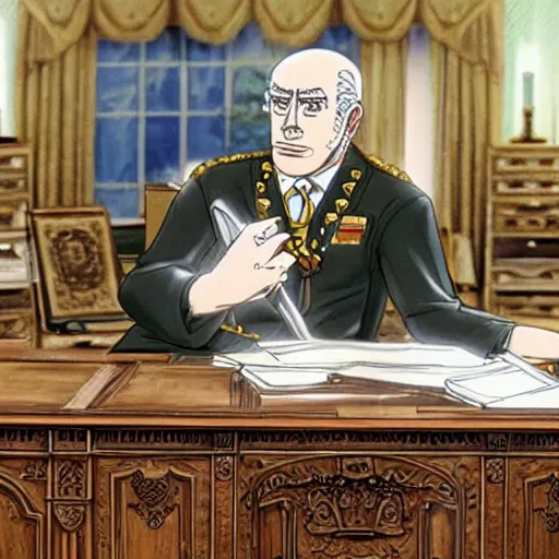 Image similar to president griffith from berserk at his white house oval office desk