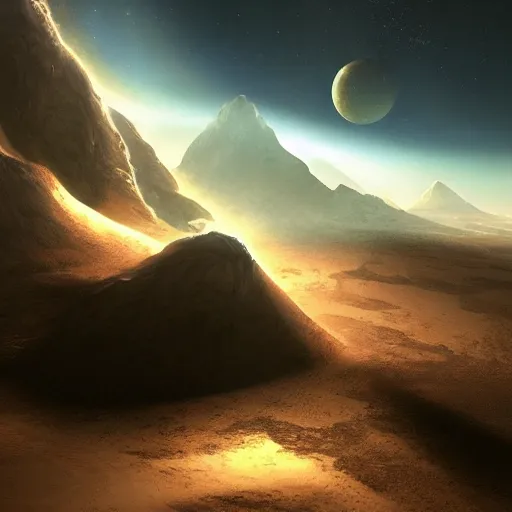 Image similar to scifi space landscape, concept art, trending on, volumetric lighting, epic composition