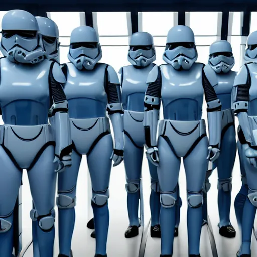 Image similar to troop of very short cloned women with white bob hairdos, tight light blue space trooper suits, standing next to tall scientist looking at a clipboard, futuristic cloning facility, sci - fi, highly detailed, cinematic