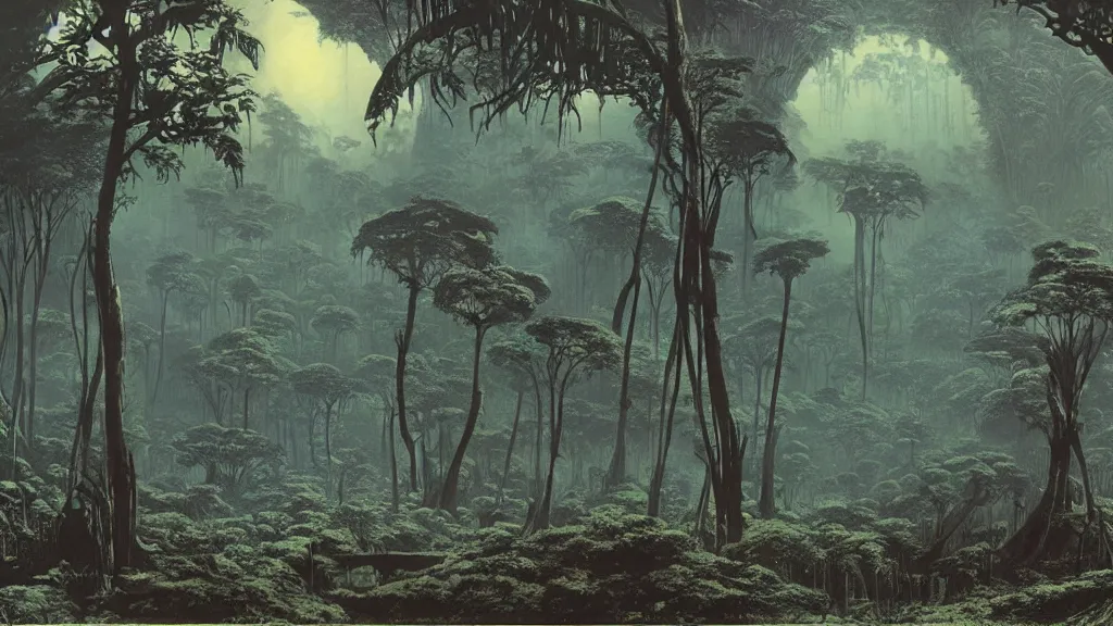 Image similar to otherworldly atmosphere of an alien jungle planet by arthur haas and bruce pennington and john schoenherr, cinematic matte painting