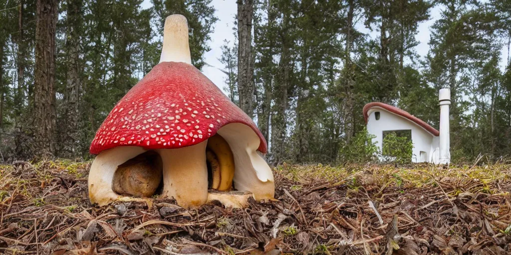 Image similar to cozy residence in the cap of an amantia muscaria mushroom with chimney