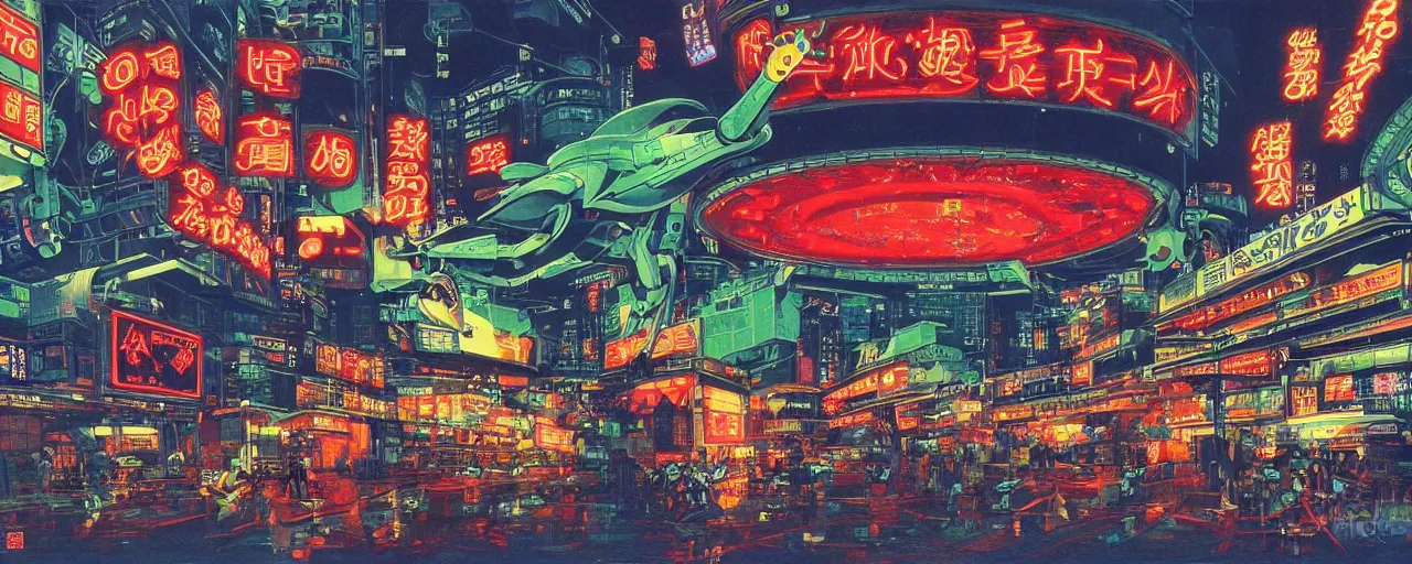 Image similar to robot frog destroying the center of a futuristic sci-fi asian city at night, signboards, neon lights, blade runned color palette, by Yasunari Ikenaga, Yamato, Macross