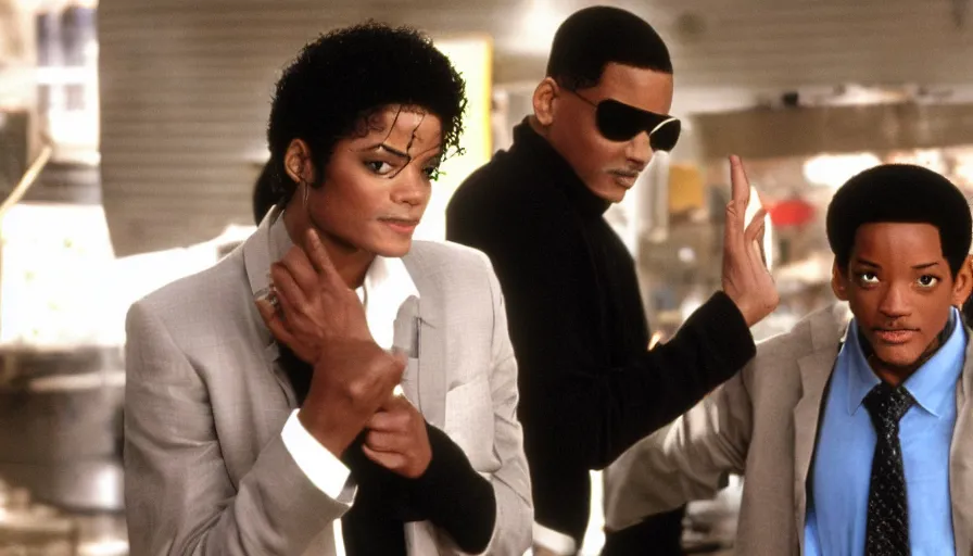 Prompt: michael jackson with short hair and will smith in men in black 3