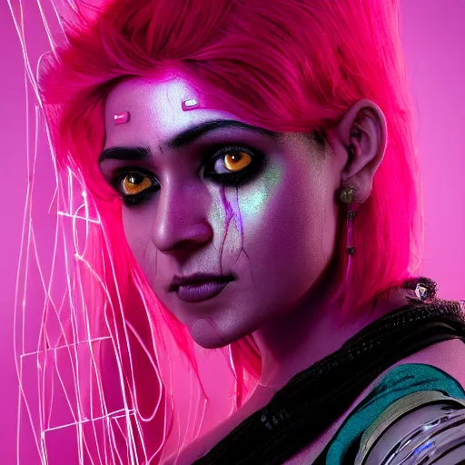 Prompt: portrait of a indian woman with pink hair as a cyberpunk cyborg half robot, revealing wires and electronics, circuit boards, wire management, sci - fi, missing panels, intricate abstract upper body intricate artwork, concept art, octane render, deviantart, cinematic, key art, hyperrealism, iridescent accents, portrait photograph, nikon 3 5 mm, photograph by greg rutkowski