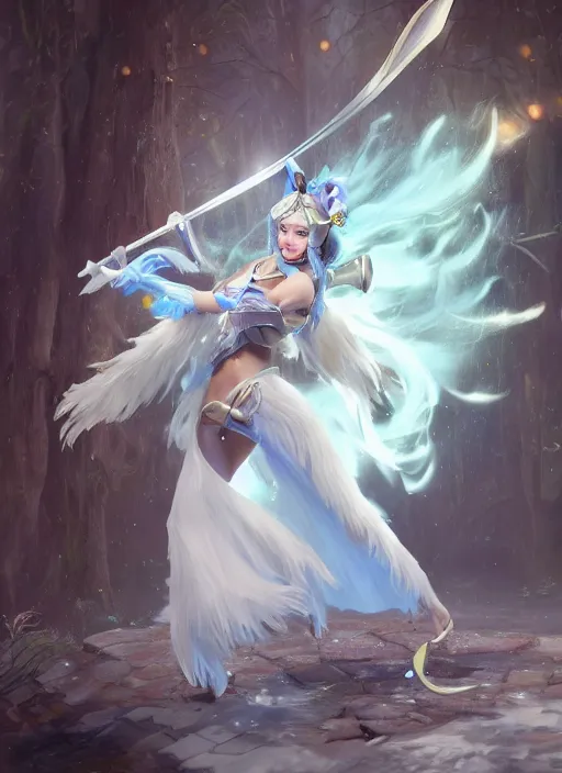 Image similar to ashe, from league of legends, shooting arrows with a silver bow, wearing fluffy skin, long skirt, hyper detailed, digital art, trending in artstation, cinematic lighting, studio quality, zoom in, smooth render, unreal engine 5 rendered, octane rendered, art style by klimt and nixeu and ian sprigger and wlop and krenz cushart