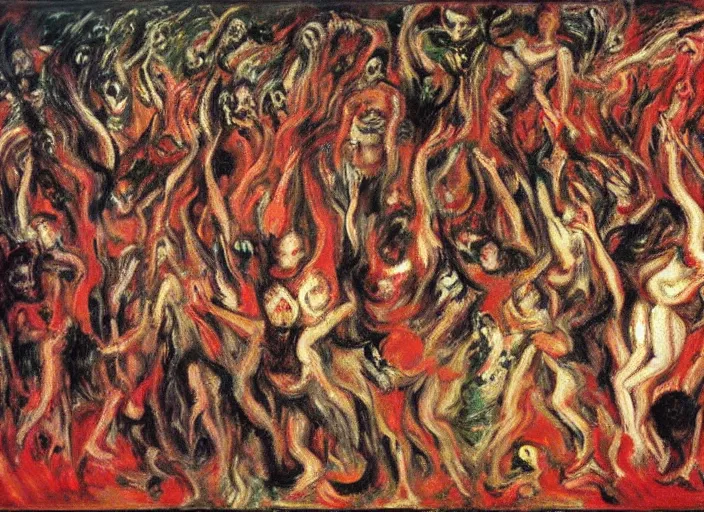 Image similar to mosh pit full of demons and beautiful women in hell ’ s nightclub, sfumato abstract oil on canvas, by rothko, by jackson pollock, by monet