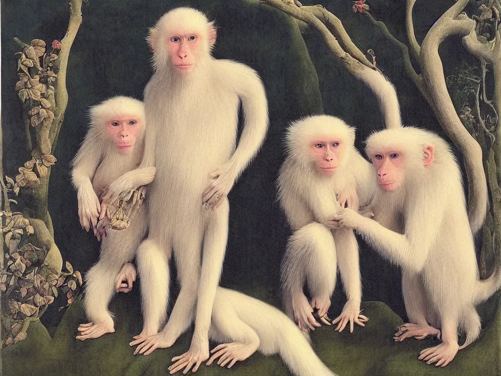 Image similar to Portrait of albino mystic with blue eyes, with exotic beautiful Japanese macaque. Painting by Jan van Eyck, Audubon, Rene Magritte, Agnes Pelton, Max Ernst, Walton Ford