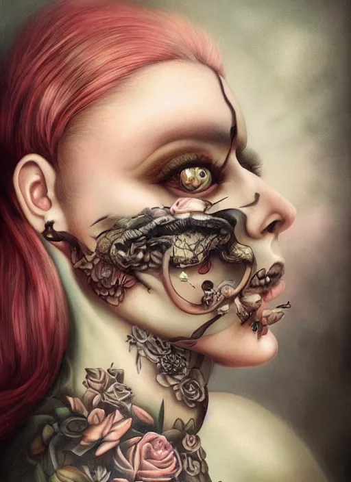 Prompt: pop surrealism, lowbrow art, realistic cute tattooed girl painting, japanese street fashion, hyper realism, muted colours, rococo, natalie shau, loreta lux, tom bagshaw, mark ryden, trevor brown style,