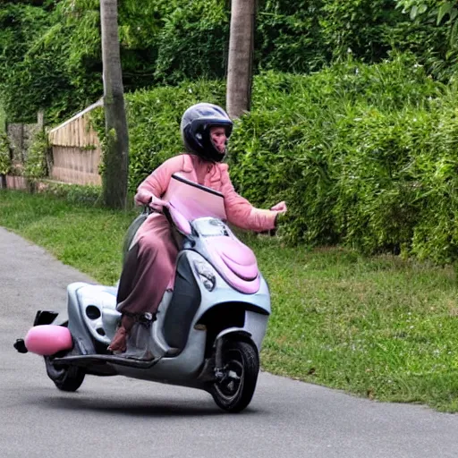 Image similar to a pig riding a scooter