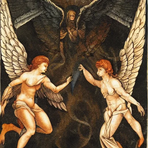 Prompt: an angel overlapping a demon, fusing in the middle