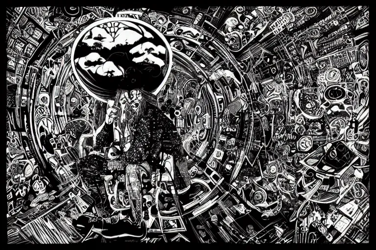 Image similar to psychedelic shaman surrounded by computers by mcbess inside a circular shape, black background, by Philippe Druillet, full colour