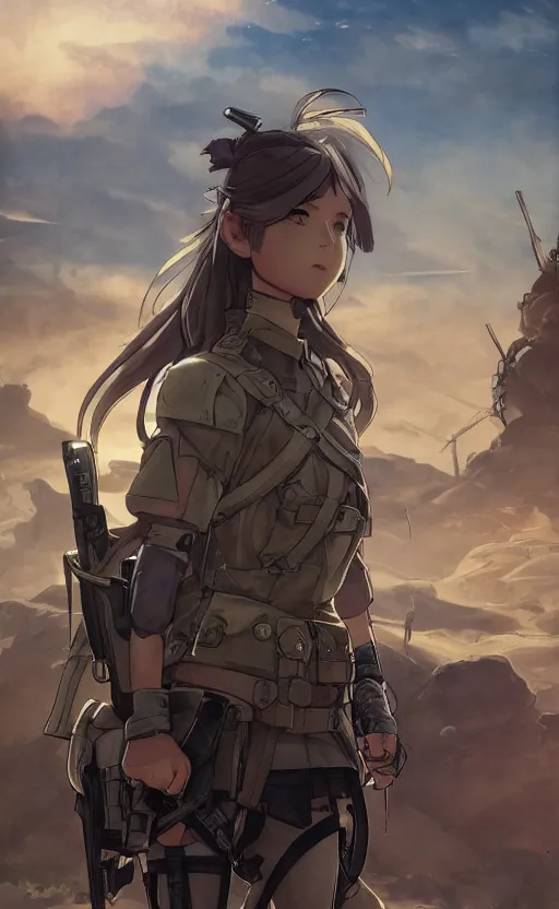 Image similar to panoramic view, a soldier girl, soldier clothing, battlefield in background, anime style, hair down, symmetrical facial features, from arknights, hyper realistic, 4 k, extreme detail, d & d, trending artstation, safebooru, realistic lighting, by alphonse mucha, greg rutkowski, sharp focus