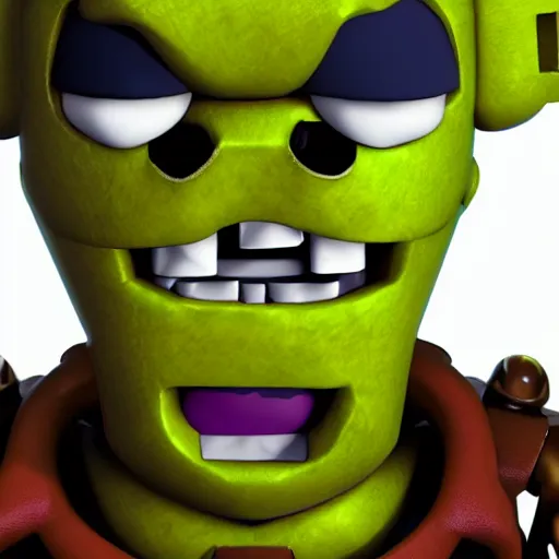 Image similar to cinematic bust portrait of zombie, head and chest only, style of Five Nights at Freddy's and Costume Quest, octane render