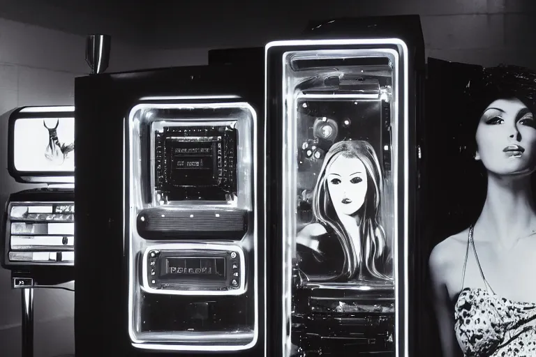 Image similar to beautiful woman robot sitting inside of a galaxy fridge, from 1985, bathed in the glow of a crt television, crt screens in background, low-light photograph, in style of chrome hearts