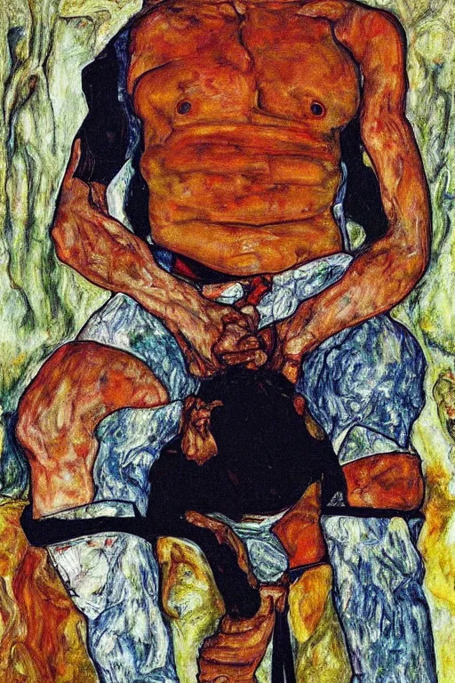 Image similar to portrait of russian athlete young man posing in his grandparents living room, 1987, egon schiele