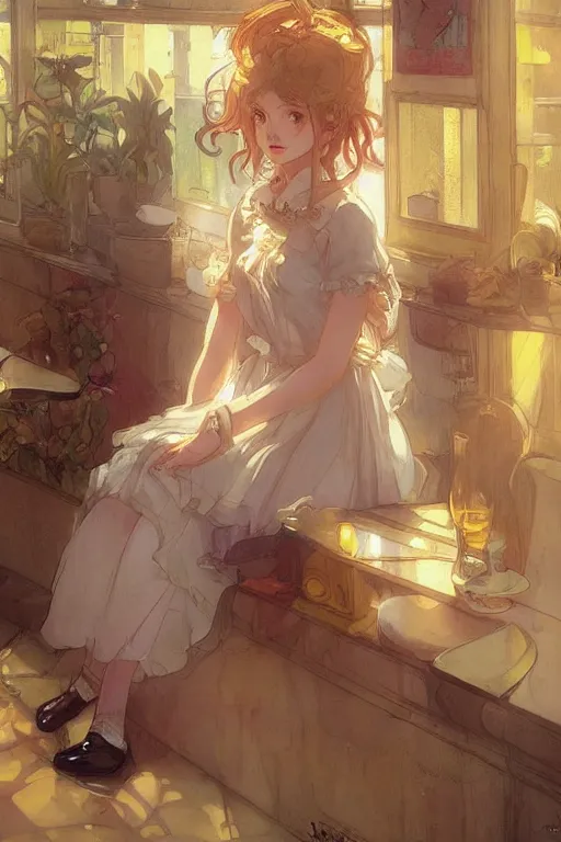 Prompt: A girl in a maid's outfit in a cafe a afternoon, wavy hair yellow theme,S line,45 angel by krenz cushart and mucha and greg rutkowski