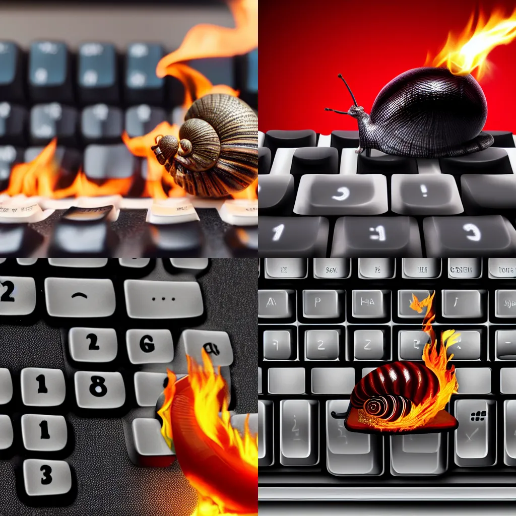 Prompt: realistic keyboard on fire with big snail trying to escape into the void
