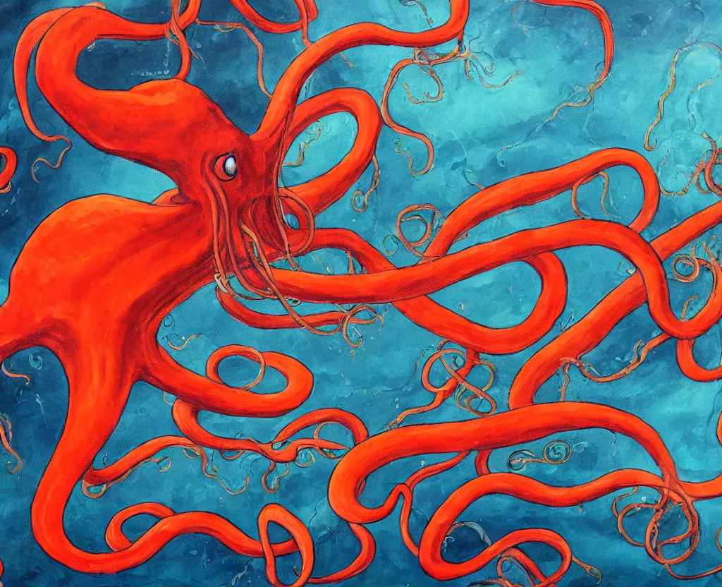 Image similar to a painting of a giant squid with evil tentacles menacing the world, saturated color scheme