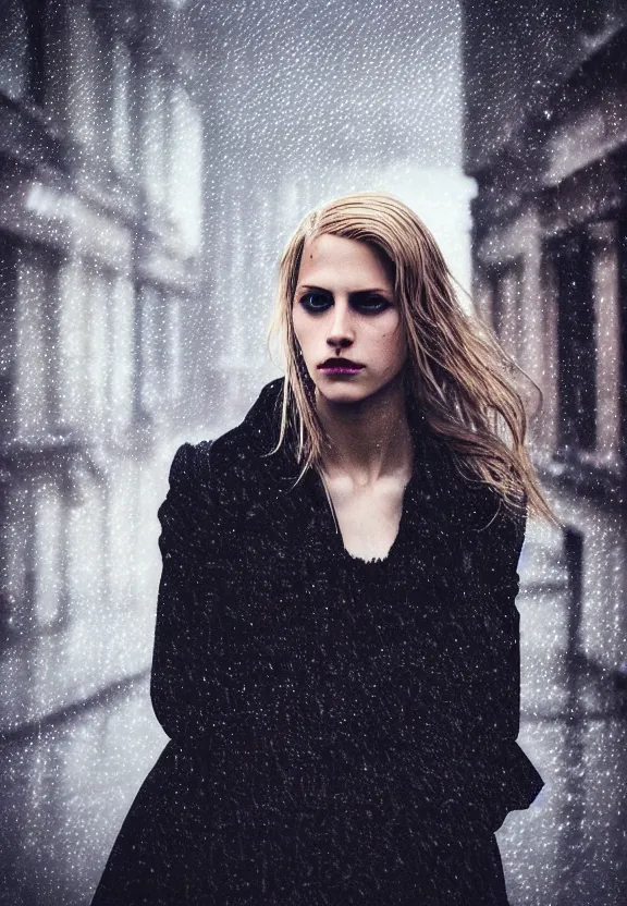 Image similar to cute model annie leonhart posing in dunwall city, beautiful face, detailed face, realistic eyes, cinematic lighting, rainy weather, melancholy atmosphere, volumetric light, gothic architecture, realistic reflections, model agency, instagram photo, depression atmosphere, shot on sony a 7, beauty filter, postprocessing