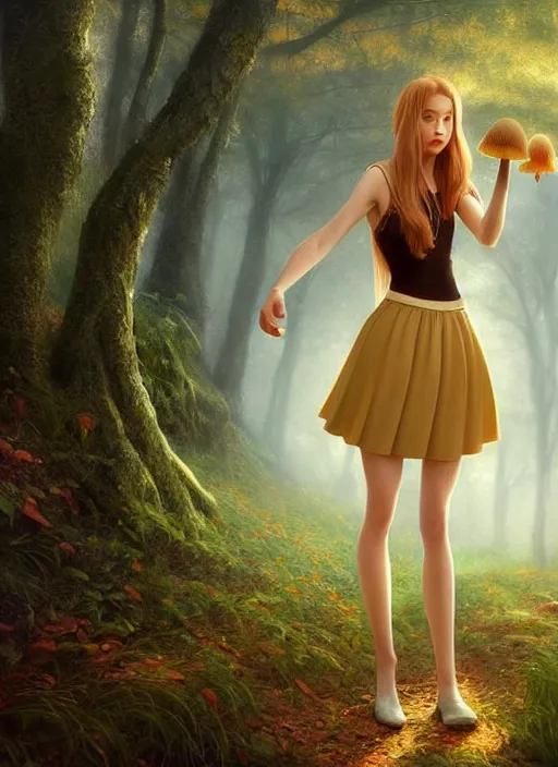 Image similar to young woman walking in short skirt : : magic forest mushrooms nature : : weta disney pixar movie still photo : : decadent highly - detailed digital painting, full length shot, golden ratio, octane render, artstation, smooth, sharp focus, artgerm, mucha, loish, wlop, gogo