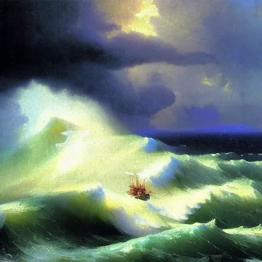 Prompt: prefect storm in the ocean. large waves, heavy stormy clouds. struggling ship to stay afloat. Rocky cliff in the background. Ivan Aivazovsky. Oil painting, very high details. Realistic. Epic.