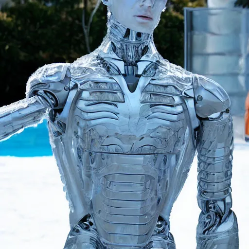 Image similar to made of ice, a realistic detailed photo of a guy who is an attractive humanoid who is half robot and half humanoid, who is a male android, on display, blank stare, showing off his muscles, shiny skin, posing like a statue, by the pool, frozen ice statue, f 1 driver pierre gasly, humanoid robot