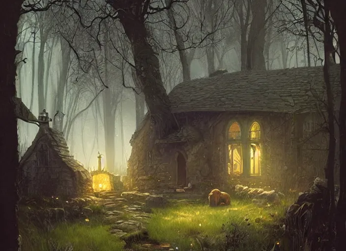 Image similar to The cottage of a witch, a fantasy digital painting by Greg Rutkowski and James Gurney, trending on Artstation, highly detailed