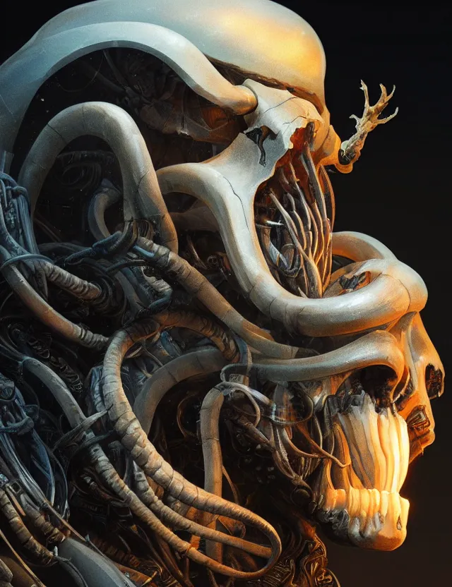 Image similar to prometheus engineer close - up profile portrait with ram skull. beautiful intricately detailed, bio luminescent, plasma, ice, water, wind, creature, artwork by tooth wu and wlop and giger and beeple and greg rutkowski