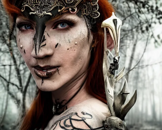 Image similar to 5 5 mm portrait photo of an armored gorgeous anesthetic redhead woman warrior with a face tattoo and horns growing from her head, and owl sitting on her shoulder in a magical forest in the style of stefan kostic, art by luis royo. highly detailed 8 k. intricate. lifelike. soft light. nikon d 8 5 0. cinematic post - processing