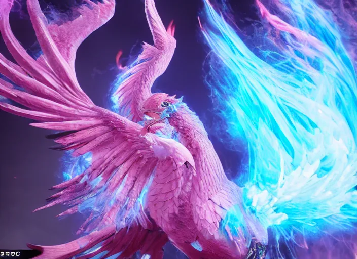 Image similar to pink and blue flaming phoenix, unreal engine 5, intricate, detailed, realistic