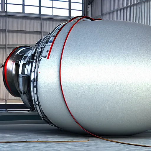 Image similar to big metallic capsule connected to pipelines, purpose is pump, standing in large industrial hall, designed by best engineers, raytracing, reflections