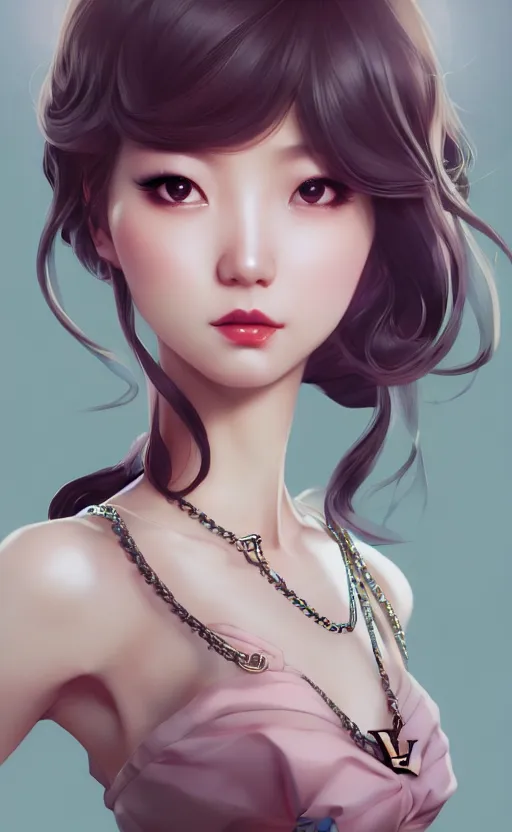 Image similar to a pin up and beautiful fashion charming dreamlke korea girl with lv jewelry, character art, art by artgerm lau and kyoung hwan kim and and ilya kuvshinov and john singer sargent, hyperdetailed, 8 k realistic, symmetrical, frostbite 3 engine, cryengine, dof, trending on artstation, digital art