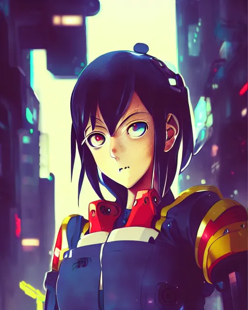 Image similar to portrait of anime girl in mechanic armor in night tokyo by makoto sinkai, my hero academia,cyberpunk, greg rutkowski, perfect face, fine details