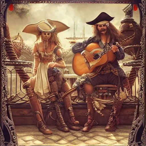 Image similar to ultra realist soft painting of pirate folk musicians playing music, pirate ship, pirates watching, symmetry accurate features, very intricate details, focus, artstyle Hiraku Tanaka and Tom Bagshaw, award winning