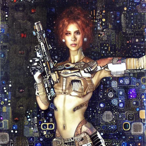 Image similar to cybernetic female supersoldier armed with laser rifle, intricate detail, klimt, royo, whealan,