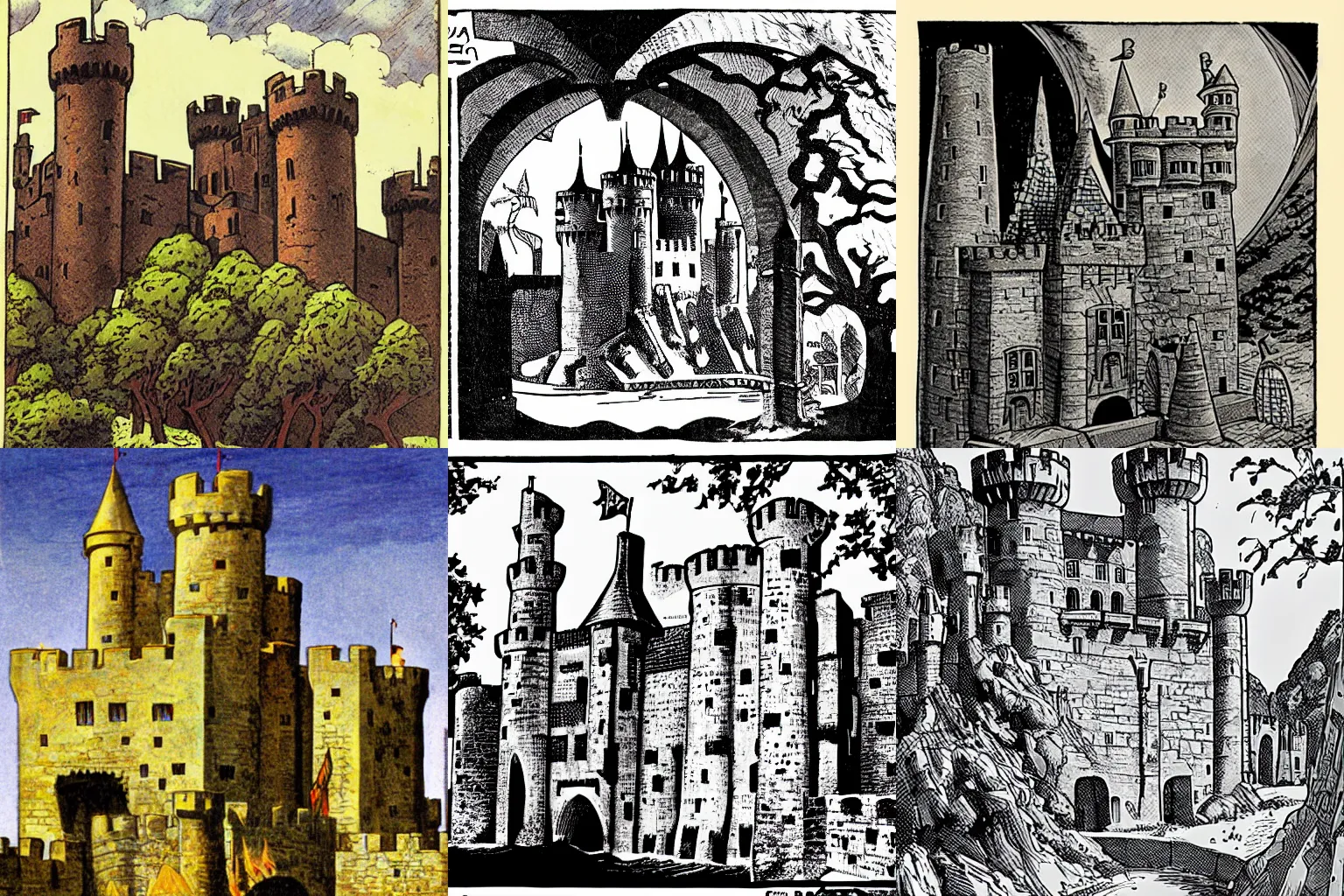 Prompt: medieval castle, by Wally Wood